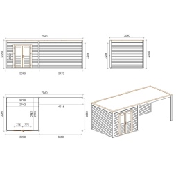 Abri de jardin en bois Sora 7.06x3.09m - 21.82m2 - Ep. 28mm - Traité