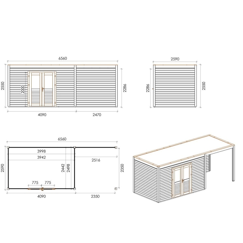 Abri de jardin en bois Nova 6.56x2.59m - 16.99m2 - Ep. 28mm - Traité