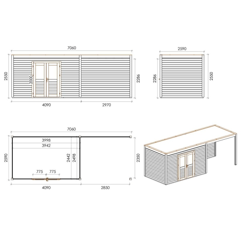 Abri de jardin en bois Nova 7.06x2.59m - 18.29m2 - Ep. 28mm - Traité