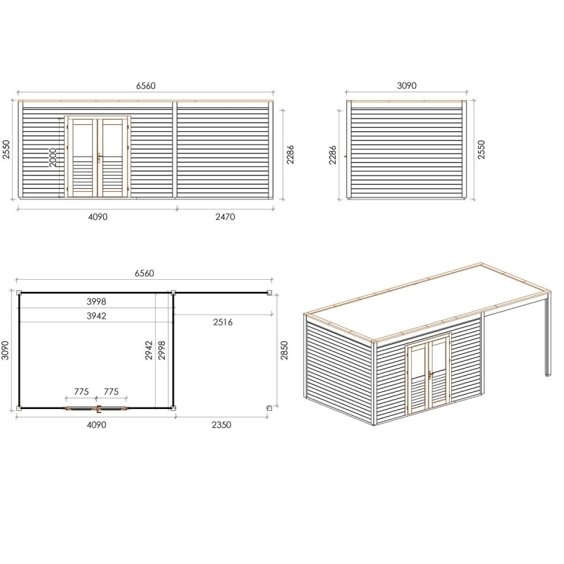 Abri de jardin en bois Nova 6.56x3.09m - 20.27m2 - Ep. 28mm - Traité