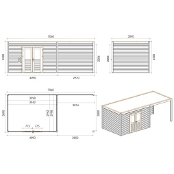 Abri de jardin en bois Nova 7.06x3.09m - 21.82m2 - Ep. 28mm - Traité
