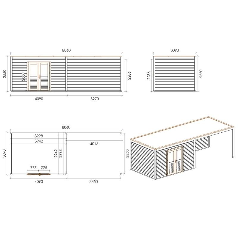 Abri de jardin en bois Nova 8.06x3.09m - 24.91m2 - Ep. 28mm - Traité