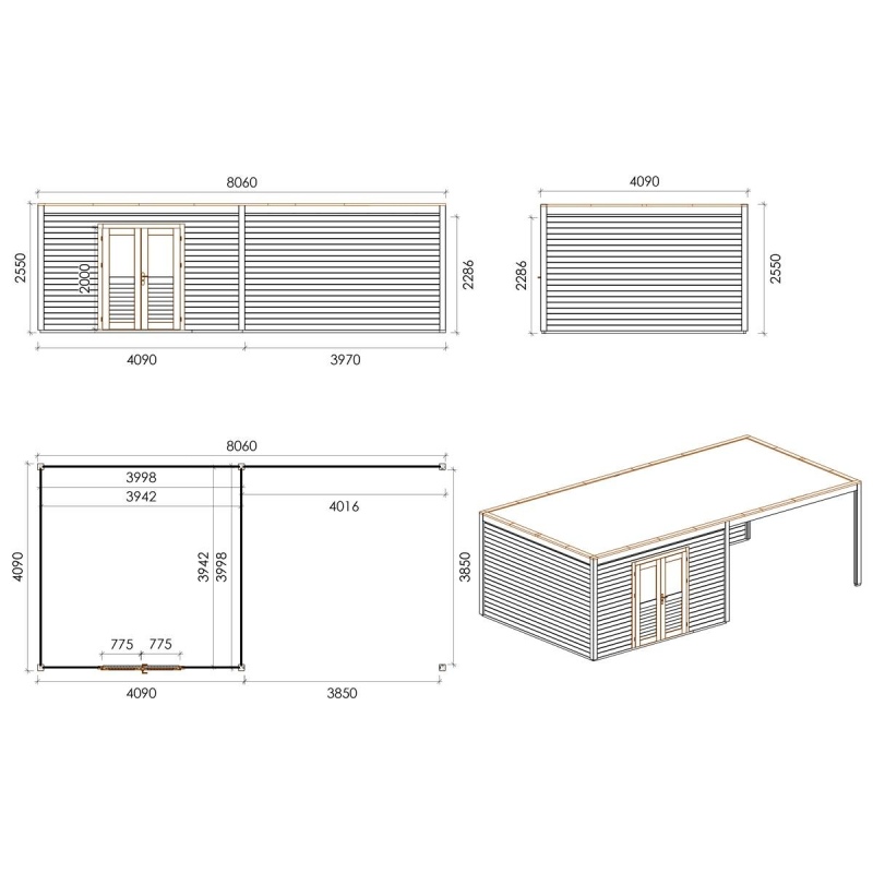 Abri de jardin en bois Nova 8.06x4.09m - 32.96m2 - Ep. 28mm - Traité