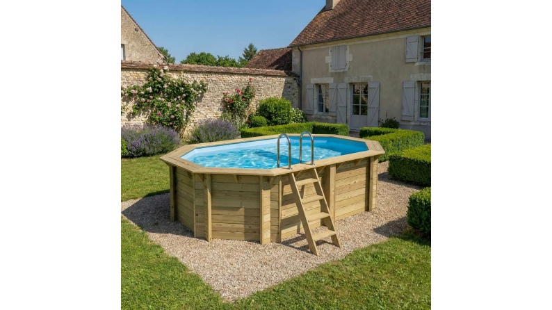 Piscine en bois NEMO 4.3 x 3 - H.1.18 m avec plage, bleu pâle, fixations à sceller