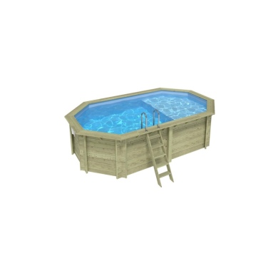 Piscine en bois NEMO 5.79 x 3.49 - H.1.45 m avec plage, bleu pâle, fixations à visser