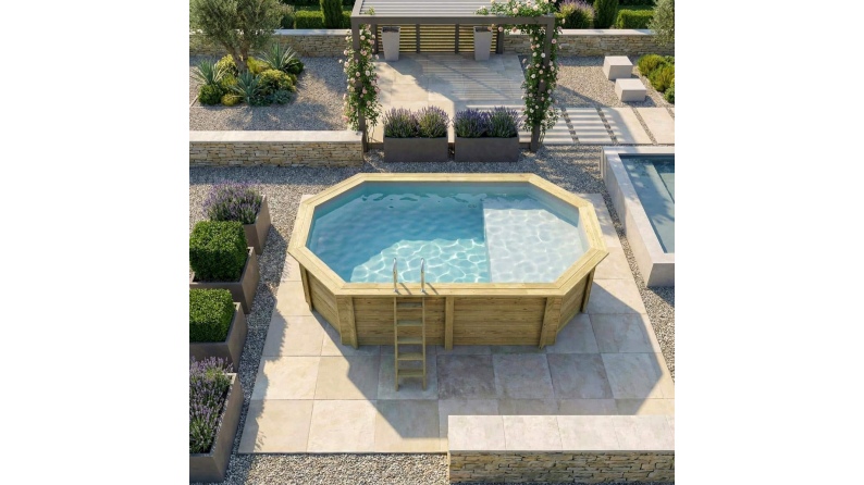 Piscine en bois NEMO 5.79 x 3.49 - H.1.45 m avec plage, gris clair, fixations à sceller