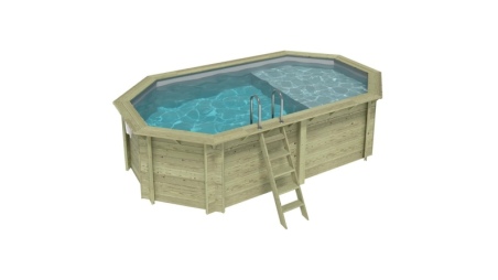 Piscine en bois NEMO 5.79 x 3.49 - H.1.45 m avec plage, gris clair, cadre en métal - sans dalle