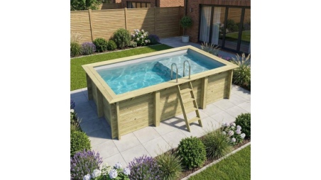 Piscine en bois AQUA 4.65 x 2.85 - H.1.24 m avec plage, gris clair, fixations à visser