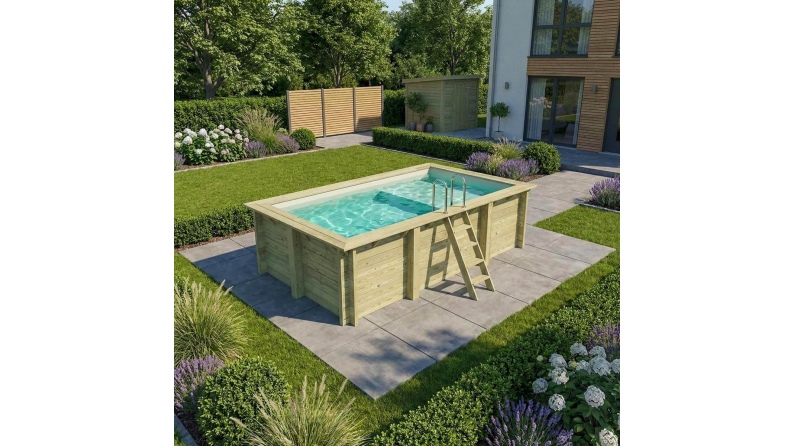 Piscine en bois AQUA 4.65 x 2.85 - H.1.24 m avec plage, sable, fixations à visser