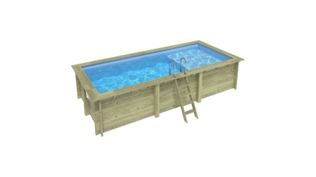 Piscine en bois AQUA 6.1 x 2.85 - H.1.31 m avec plage, bleu pâle, fixations à visser