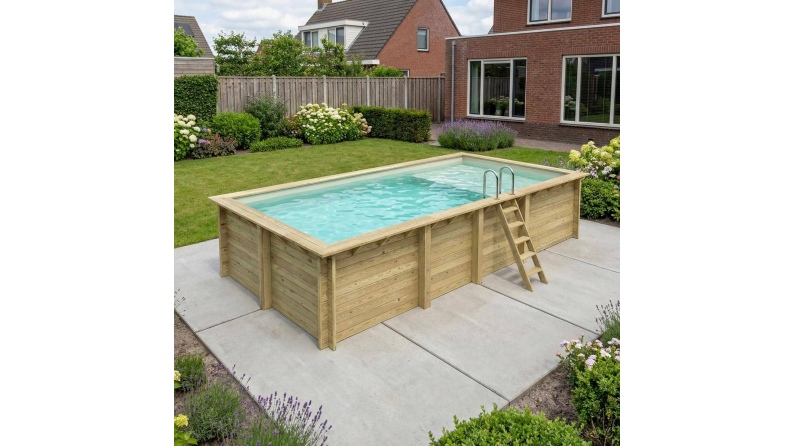Piscine en bois AQUA 7 x 3.75 - H.1.45 m avec plage, sable, fixations à sceller