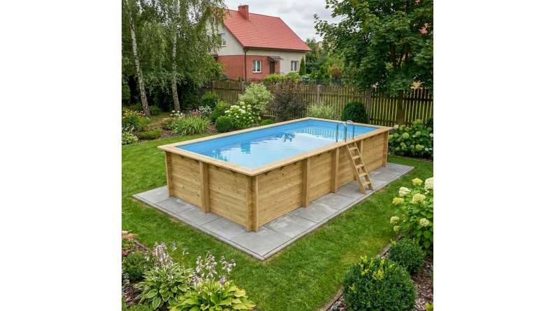 Piscine en bois AQUA 7 x 3.75 - H.1.45 m avec plage, bleu pâle, fixations à visser
