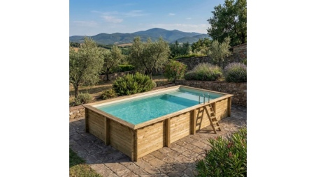 Piscine en bois AQUA 8.5 x 4.35 - H.1.45 m avec plage, sable, fixations à visser