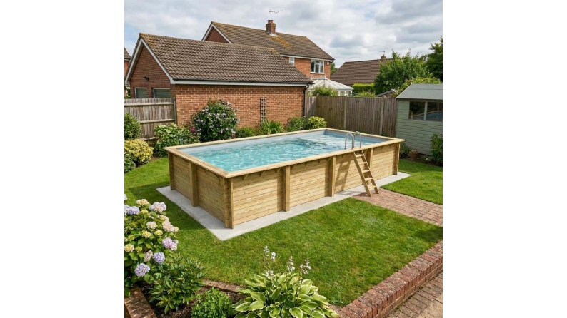 Piscine en bois AQUA 8.5 x 4.35 - H.1.45 m avec plage, gris clair, cadre en métal - sans dalle