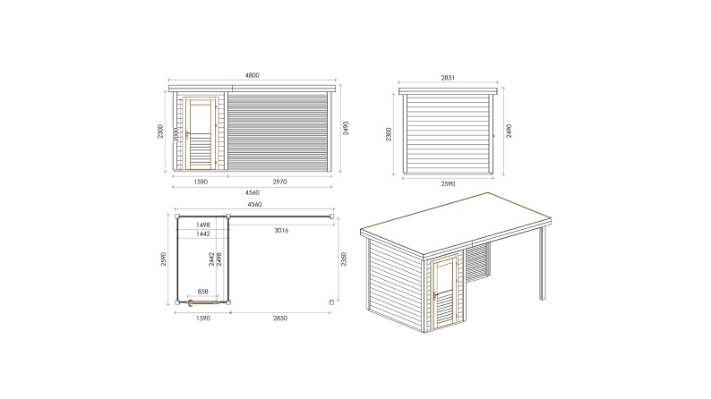 Abri de jardin en bois Mira 4.56x2.59m - 11.81m2 - Ep. 28mm - Traité