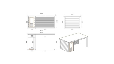 Abri de jardin en bois Mira 5.56x3.09m - 17.18m2 - Ep. 28mm - Traité