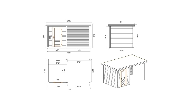 Abri de jardin en bois Vala 4.56x2.59m - 11.81m2 - Ep. 28mm - Traité