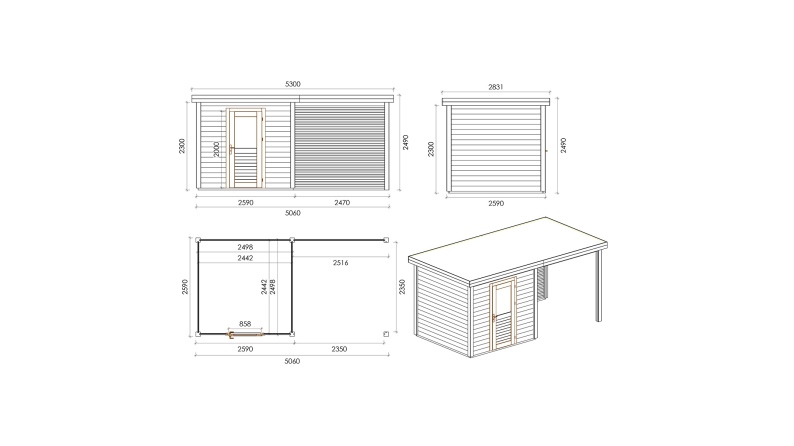 Abri de jardin en bois Rava 5.06x2.59m - 13.1m2 - Ep. 28mm - Traité
