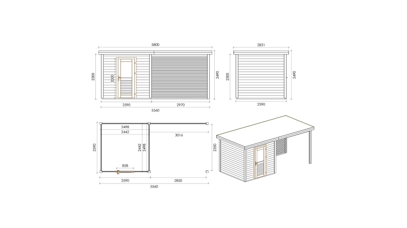 Abri de jardin en bois Rava 5.56x2.59m - 14.4m2 - Ep. 28mm - Traité