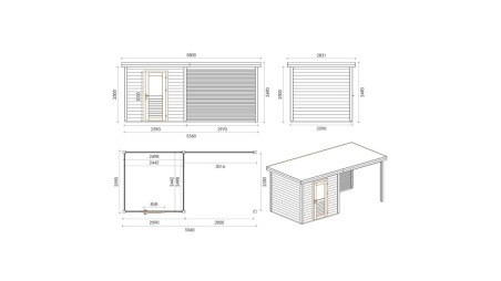 Abri de jardin en bois Rava 5.56x2.59m - 14.4m2 - Ep. 28mm - Traité