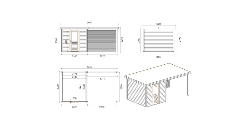 Abri de jardin en bois Rava 5.56x3.09m - 17.18m2 - Ep. 28mm - Traité