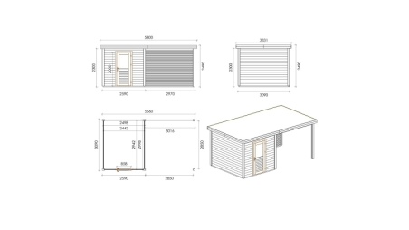 Abri de jardin en bois Rava 5.56x3.09m - 17.18m2 - Ep. 28mm - Traité