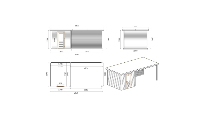 Abri de jardin en bois Rava 6.56x3.09m - 20.27m2 - Ep. 28mm - Traité