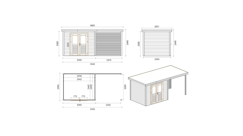 Abri de jardin en bois Aura 5.56x2.59m - 14.4m2 - Ep. 28mm - Traité