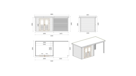 Abri de jardin en bois Aura 5.56x2.59m - 14.4m2 - Ep. 28mm - Traité