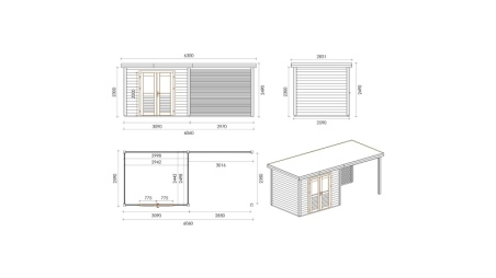 Abri de jardin en bois Aura 6.06x2.59m - 15.69m2 - Ep. 28mm - Traité