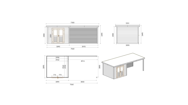 Abri de jardin en bois Aura 7.06x3.09m - 21.81m2 - Ep. 28mm - Traité