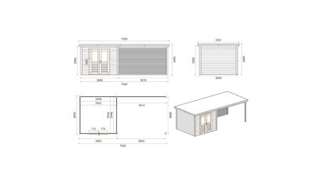 Abri de jardin en bois Aura 7.06x3.09m - 21.81m2 - Ep. 28mm - Traité