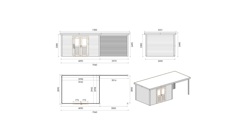 Abri de jardin en bois Freya 6.56x3.09m - 20.27m2 - Ep. 28mm - Traité