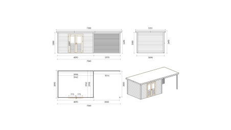 Abri de jardin en bois Freya 6.56x3.09m - 20.27m2 - Ep. 28mm - Traité