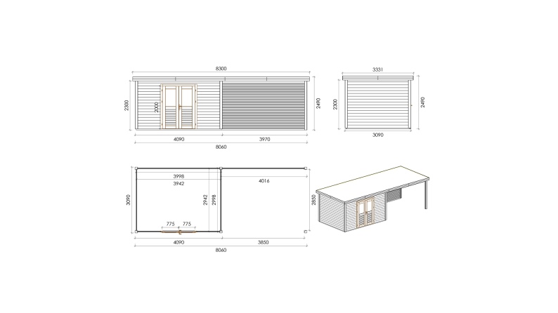 Abri de jardin en bois Freya 7.06x3.09m - 21.81m2 - Ep. 28mm - Traité