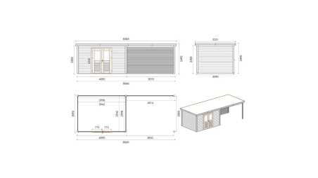 Abri de jardin en bois Freya 7.06x3.09m - 21.81m2 - Ep. 28mm - Traité