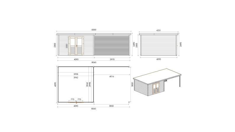 Abri de jardin en bois Freya 8.06x4.09m - 32.96m2 - Ep. 28mm - Traité