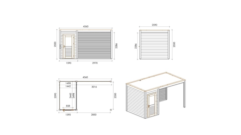Abri de jardin en bois Veya 4.56x2.59m - 11.81m2 - Ep. 28mm - Traité