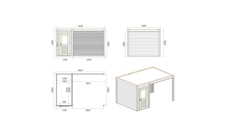 Abri de jardin en bois Veya 4.56x3.09m - 14.09m2 - Ep. 28mm - Traité
