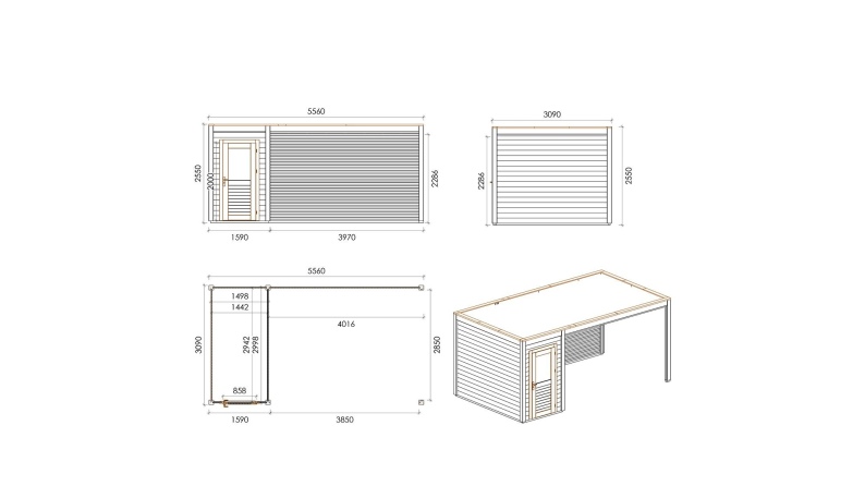 Abri de jardin en bois Veya 5.56x3.09m - 17.18m2 - Ep. 28mm - Traité