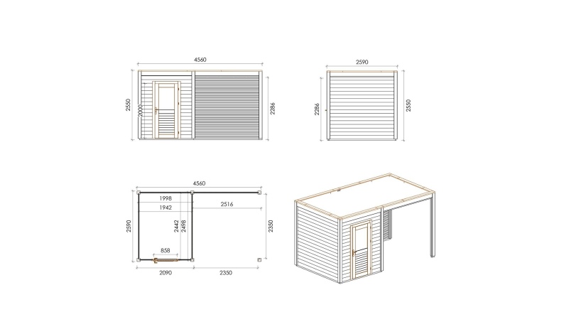 Abri de jardin en bois Luma 4.56x2.59m - 11.81m2 - Ep. 28mm - Traité