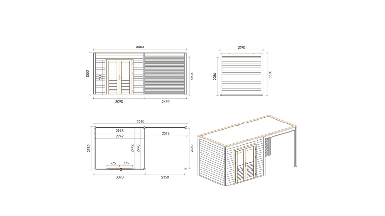 Abri de jardin en bois Sora 5.56x2.59m - 14.4m2 - Ep. 28mm - Traité