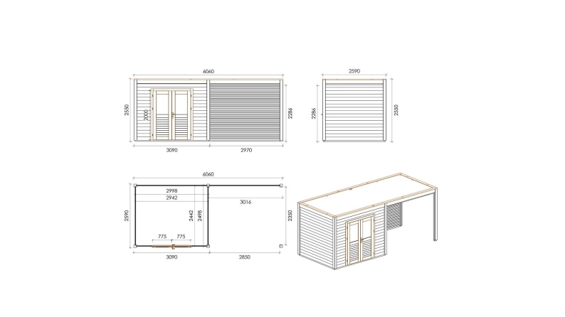 Abri de jardin en bois Sora 6.06x2.59m - 15.7m2 - Ep. 28mm - Traité