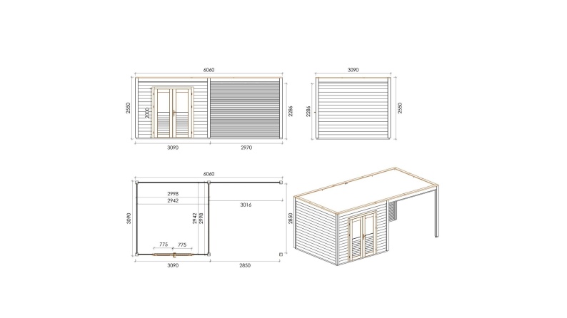 Abri de jardin en bois Sora 6.06x3.09m - 18.73m2 - Ep. 28mm - Traité