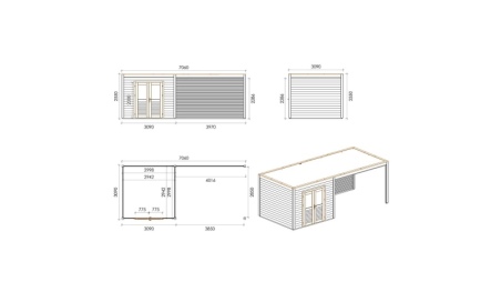 Abri de jardin en bois Sora 7.06x3.09m - 21.82m2 - Ep. 28mm - Traité