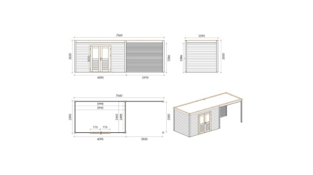 Abri de jardin en bois Nova 7.06x2.59m - 18.29m2 - Ep. 28mm - Traité