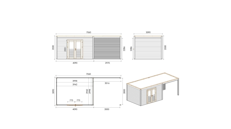 Abri de jardin en bois Nova 7.06x3.09m - 21.82m2 - Ep. 28mm - Traité