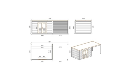 Abri de jardin en bois Nova 7.06x3.09m - 21.82m2 - Ep. 28mm - Traité