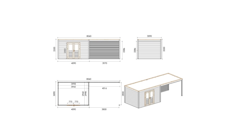 Abri de jardin en bois Nova 8.06x3.09m - 24.91m2 - Ep. 28mm - Traité