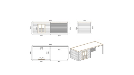 Abri de jardin en bois Nova 8.06x3.09m - 24.91m2 - Ep. 28mm - Traité